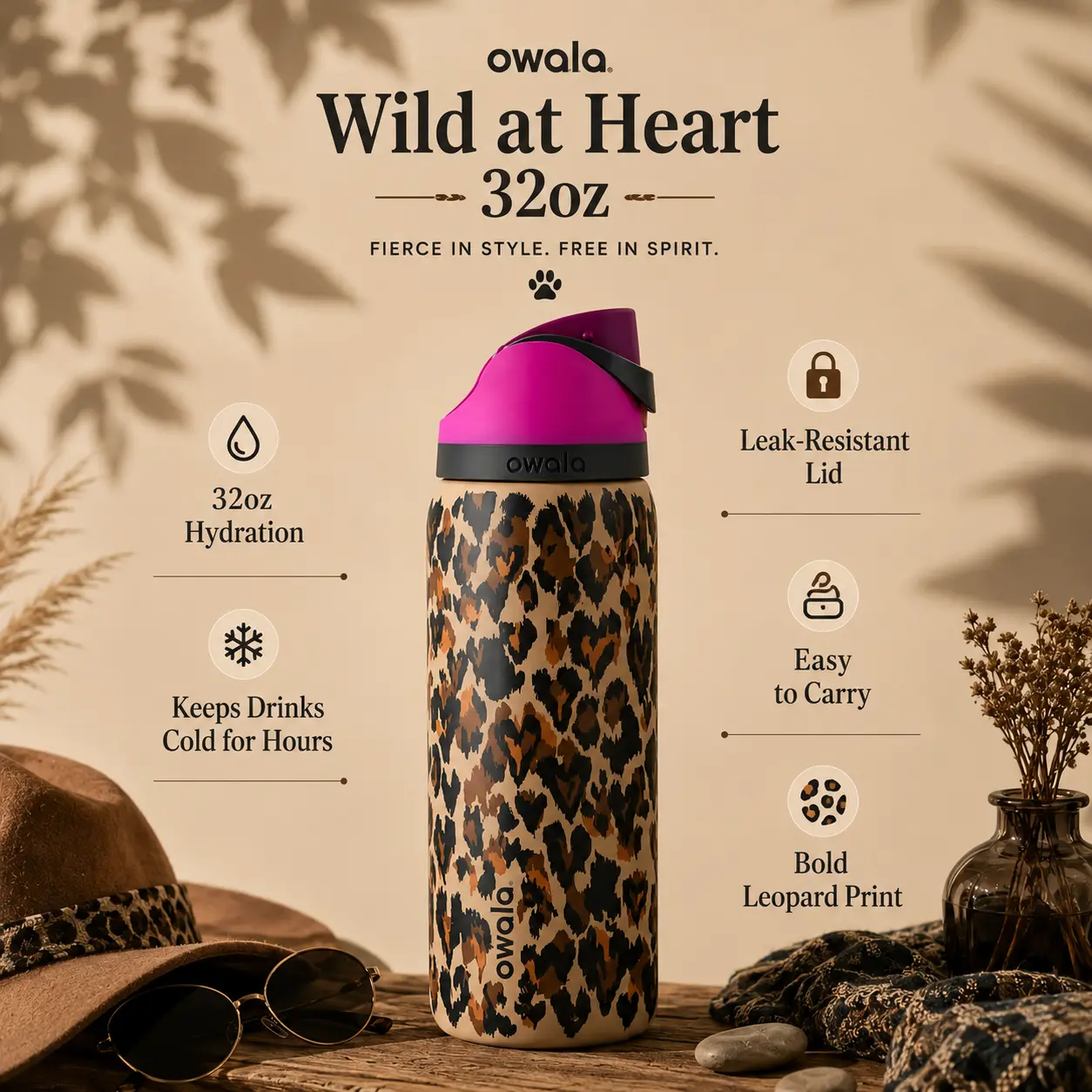 Owala 32oz Reusable Printed FreeSip Wild At Heart Leopard Water Bottle - Stylish Stainless Steel Insulated Tumbler, Leakproof Straw Lid, 2-in-1 Sip & Swig Design, Portable Drink Container for Women, Gym Use