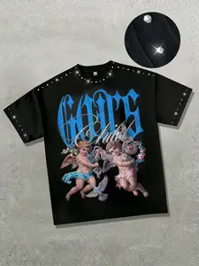 Father's Day gift for Dad, GOD angel print men's Classic T-shirt, rhinestone collar summer men's cotton short sleeve, fashionable trendy brand unisex American vintage Streetwear style shirt T-shirt
