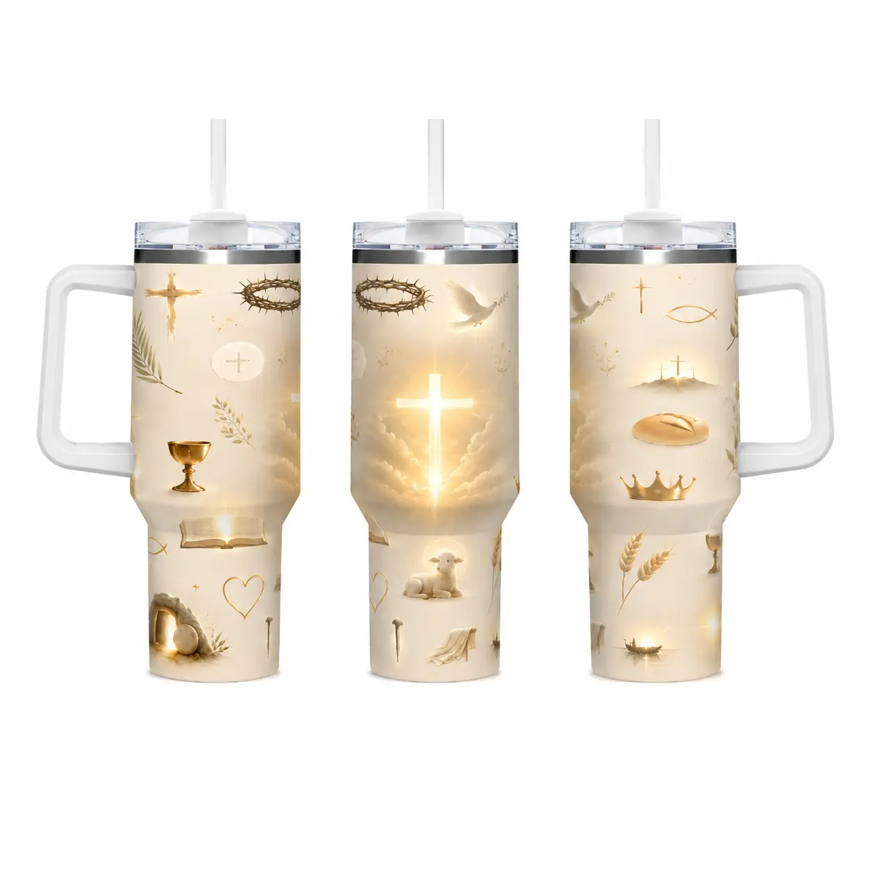 40oz Christian Faith Religious Symbol Print Insulated Tumbler With Handle, Cross Crown of Thorns Dove Lamb Bible Pattern Stainless Steel Travel Mug, Double Wall Hot Cold Retention Spill Proof Straw Lid Cup For Church Faith Inspirational Religious Gift, In
