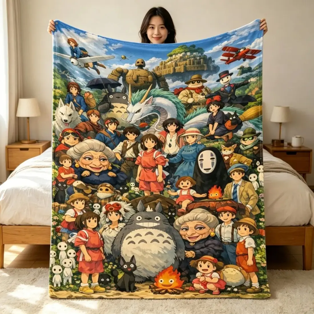 Studio Ghibli All Characters Collage 1-Piece Soft Flannel Throw - Cartoon Pattern Decorative Blanket, Velvet Fabric, Totoro & Friends Anime Merch, Cozy Bedroom Gift for Otaku Adults