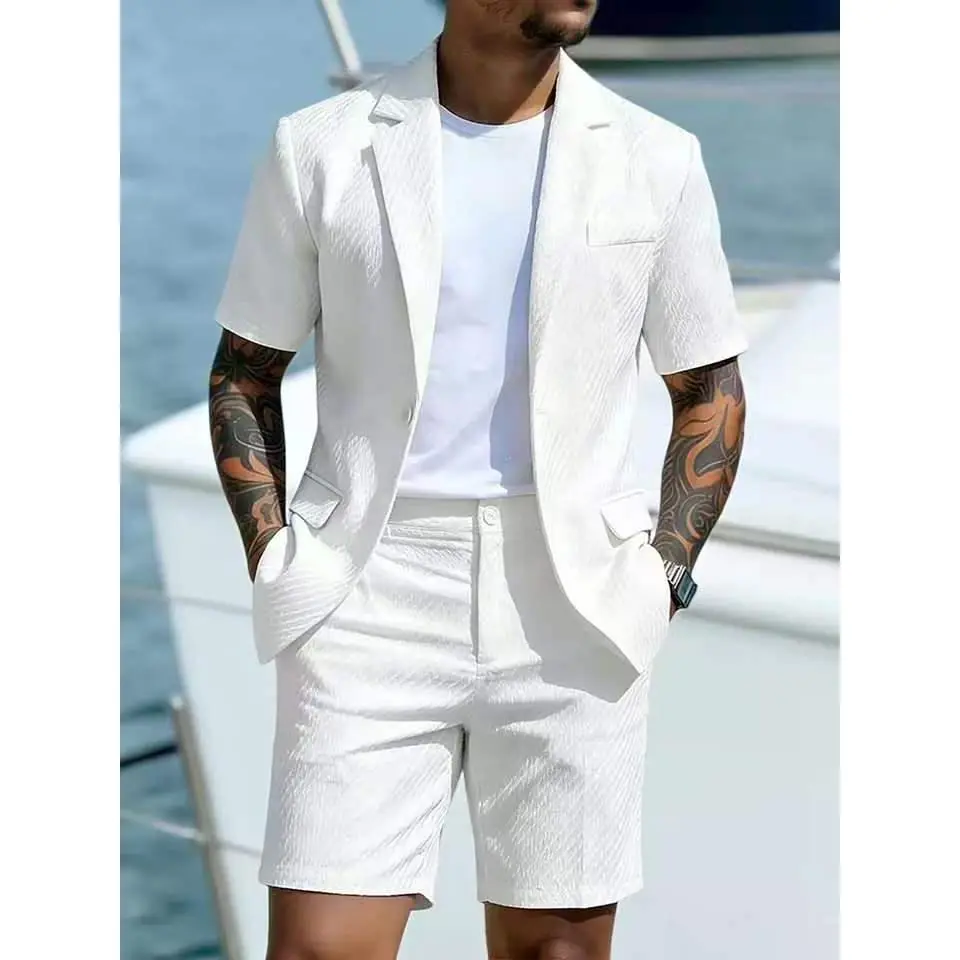 Men's 2-Piece Smart Casual Formal Matching Suit Set - Slim-Fitting Plain Short-Sleeve Textured Elastic Blazer, Pocketed Shorts, Breathable Lightweight Summer Menswear Set, Textured Woven Fabric, Utility Pocket, Date Night, Breezy Short Sleeves