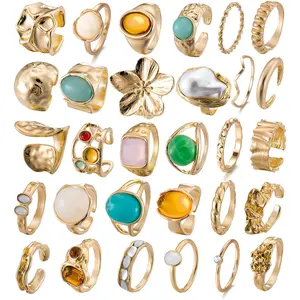 30Pcs Vintage Crystal Turquoise Ring Set Golden Knuckle Rings for Women Bohemian Stackable Joint Rings Retro Boho Stacking Joint Finger Rings Pack