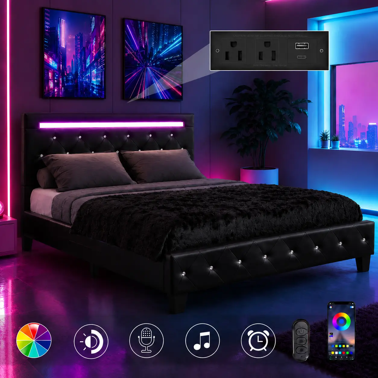 Queen Bed Frame - Sturdy Faux Leather Upholstered Platform with LED Lights, Charging Ports, Crystal Button Tufted Adjustable Headboard with Outlets, Solid Wood Slats, Ideal for Moody Bedroom Apartment Furniture Beds