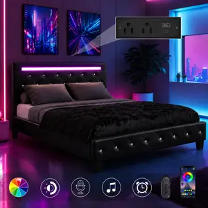 Queen Bed Frame - Sturdy Faux Leather Upholstered Platform Bed with LED Smart Lighting, Charging Ports, Crystal Button Tufted Adjustable Headboard, Solid Wood Slats, Ideal for Bedroom Decor