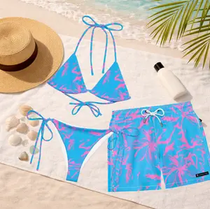 Vacation Tropical Palm Matching Swimwear 2026, Women's String Bikini & Men's Swim Trunks, Blue Pink Couple Swimsuits, Summer Beachwear, Honeymoon Vacation Outfit