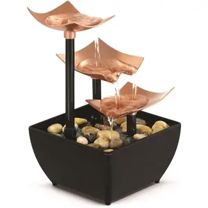3-Tier Tabletop Water Fountain - Indoor Artistic Garden Waterfall with Reflective Natural River Rocks, Quiet Pump, AA Battery-Powered Leaf Decorative Set, Zen Home Office Desk Decor, Ideal Father's Day Gift