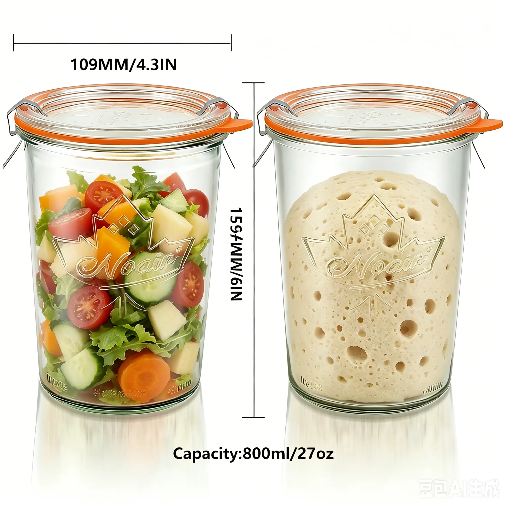27 oz Wide Mouth Airtight Thick Glass Jars (2-Pack) - Heavy Duty Kitchen Household Food Storage Canisters with Glass Seals & Plastic Lids, 800ML Containers for Pickles, Yogurt