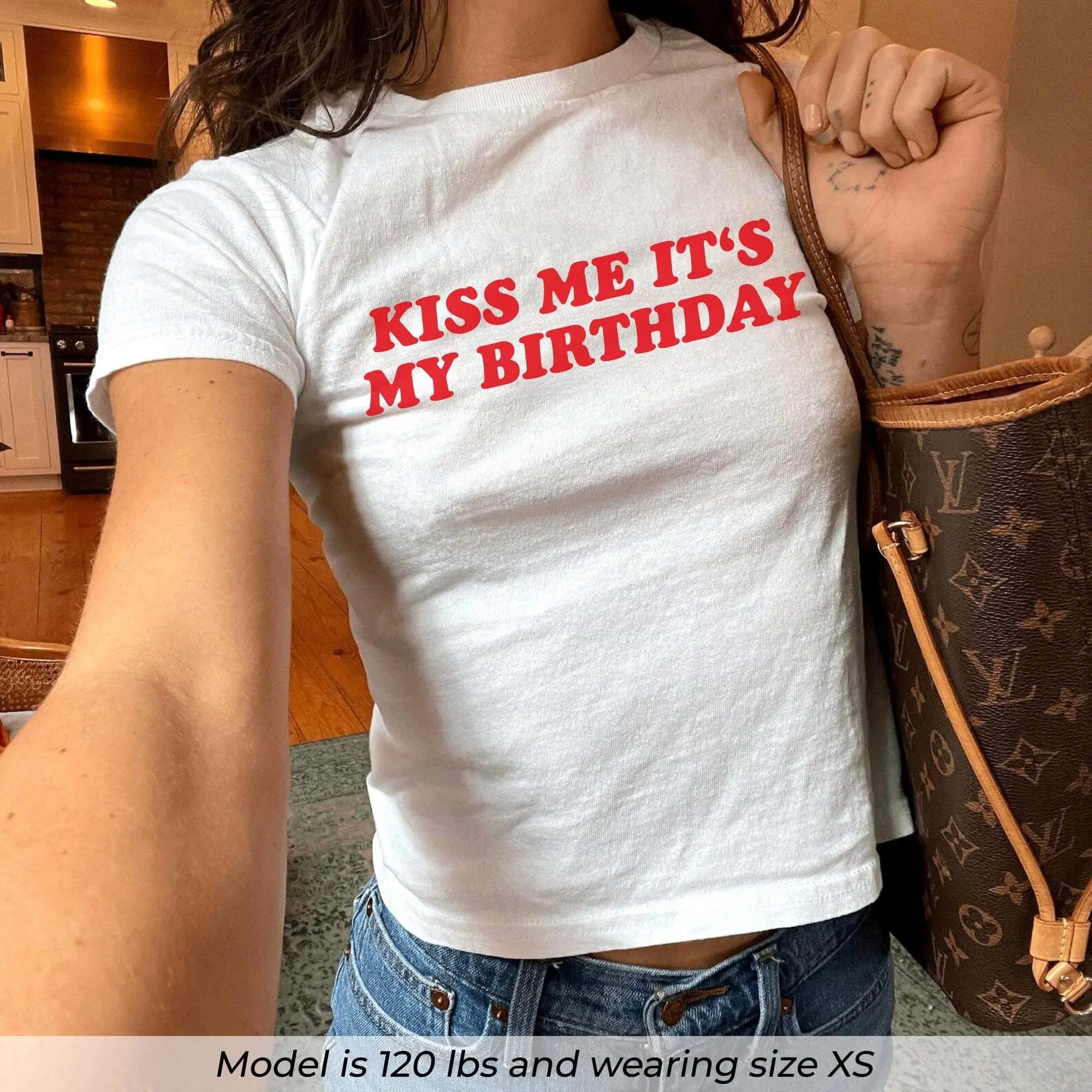 Kiss Me Its My Birthday Baby Tee, Funny Birthday Shirt, Y2K Party