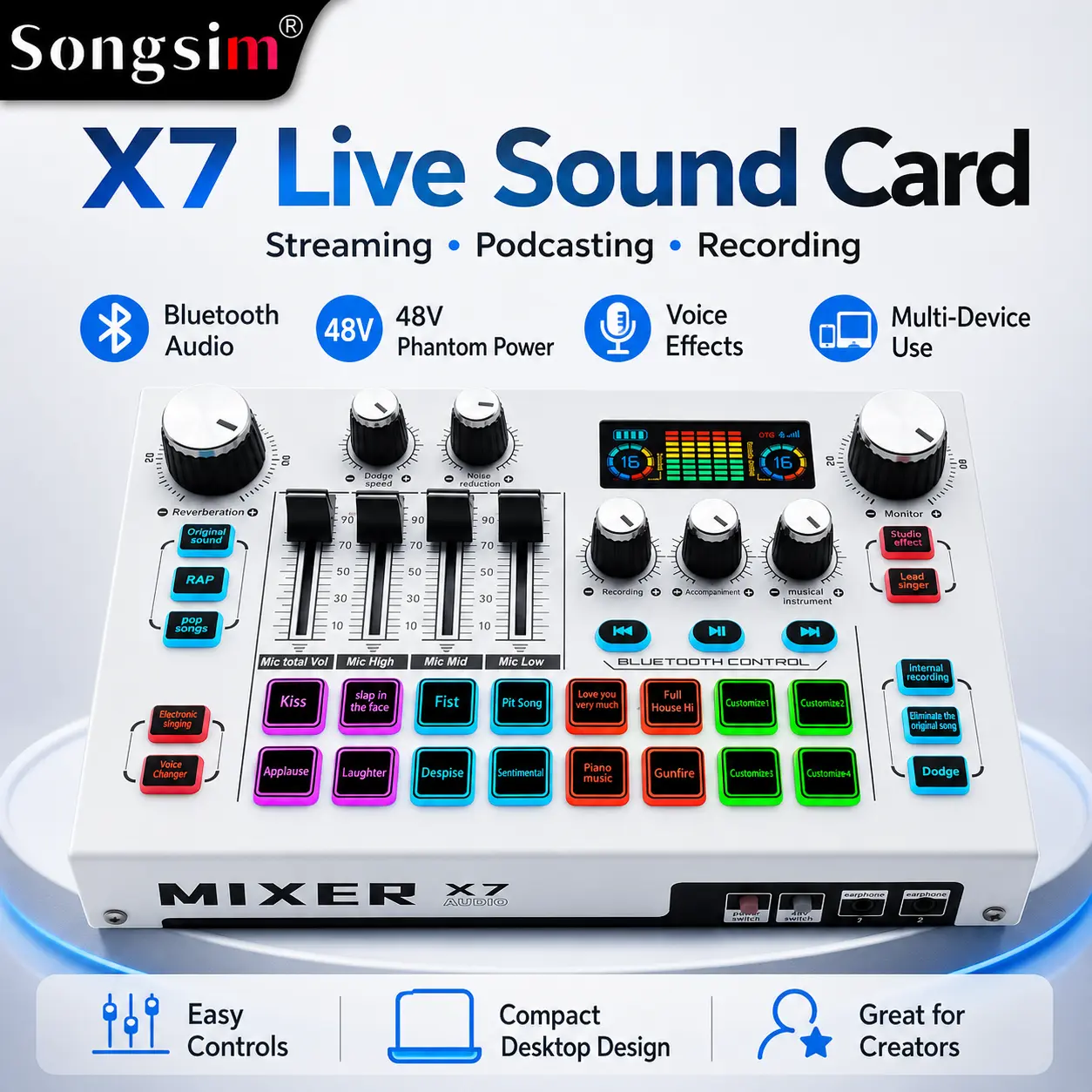 Songsim X7 Live Sound Card Audio Mixer with 48V Phantom Power, Bluetooth Control, Voice Effects and XLR Mic Input for Podcasting, Live Streaming, Recording and Karaoke