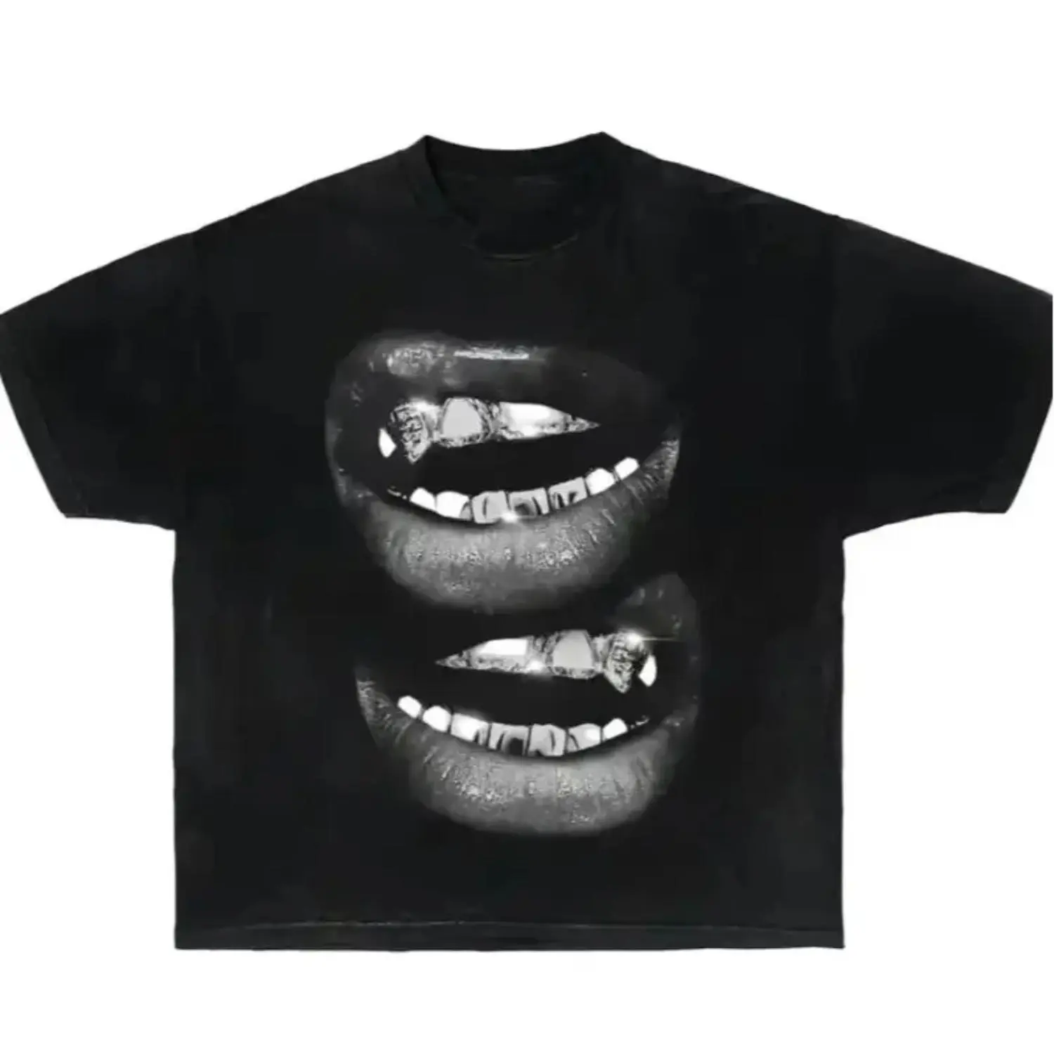Women's Crew Neck Short-Sleeve Garment Dyed Boxy Fit Fang Mouth Graphic Cotton Blend T-Shirt - Machine Washable, All Seasons, Durable Stitching, Casual, Lightweight, Tshirt, Women's Clothes, T Shirts For Women
