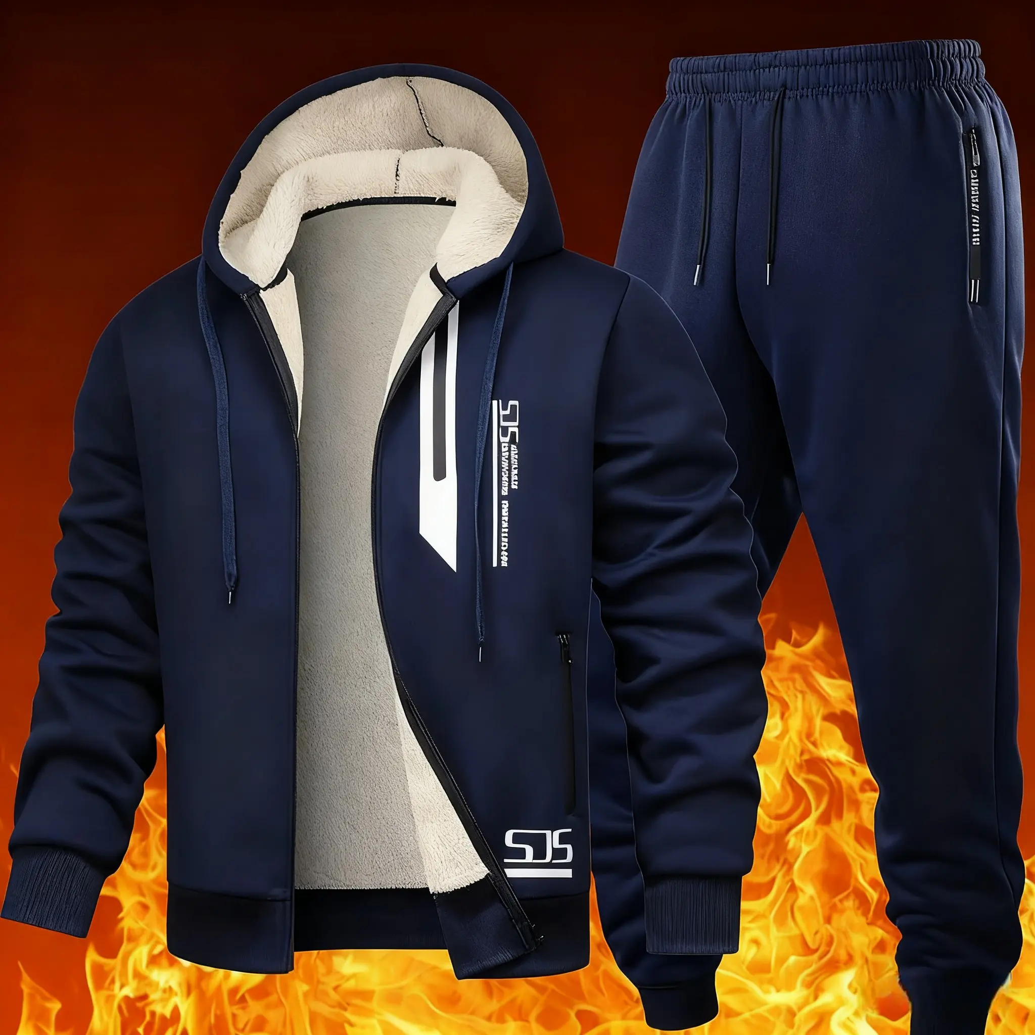 Fashion Winter Printed Casual Men's Sports Suit Warm Fleece Thickened Hooded Zipper Jacket & Trousers Set for Regular Fit Tracksuit Workout Running Clothes i am gia track set tracksuits for men tracksuit tracksuits men's jogger sets jogging sets for women
