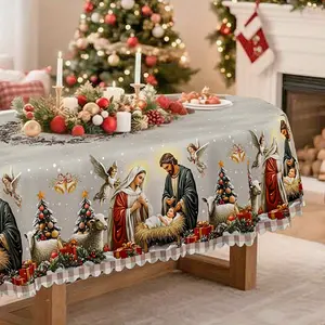 1pc Christmas Tablecloth, Grey Decoration, Angel, Christmas Tree & Nativity Patterns, Vintage & Traditional Style for Restaurant, Party, Family Dining, Festival, Outdoor, Picnic, Round, Rectangular, Oval, Restaurant Decoration, Holiday Tablecloth