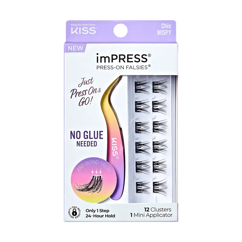 Impress Falsies Pre-Glued False Eyelashes Minipack - Chic | 12 Lash Clusters, With Mini Applicator, 12mm-14mm