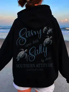 Women's Sea Turtle & Letter Print Drawstring Hoodie, Casual Long Sleeve Kangaroo Pocket Hooded Sweatshirt for Fall & Winter, Women's Clothes for Daily Wear, Graphic Print Hoodie