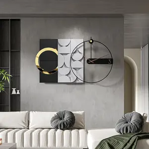 Homary 30" Large Metal Geometric Square Wall Clock with Wood Pointers, Circle Accents, Hanging Room Wall Decor, Black & Gray
