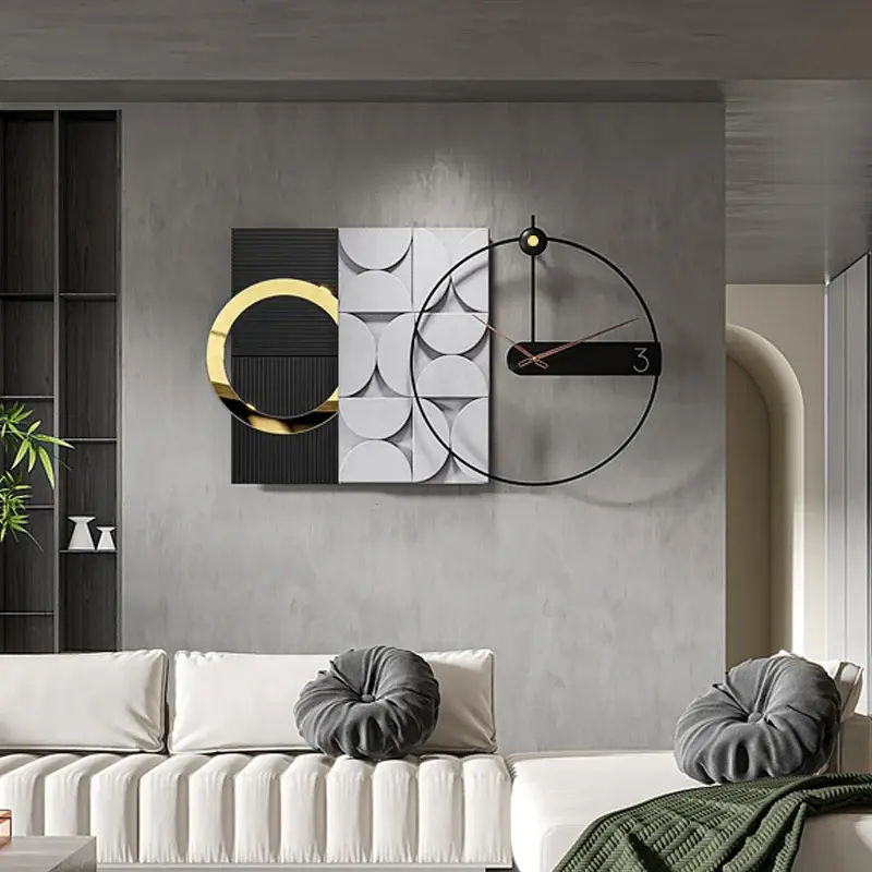 Homary 30" Large Metal Geometric Square Wall Clock with Wood Pointers, Circle Accents, Hanging Room Wall Decor, Black & Gray,dorm essentials