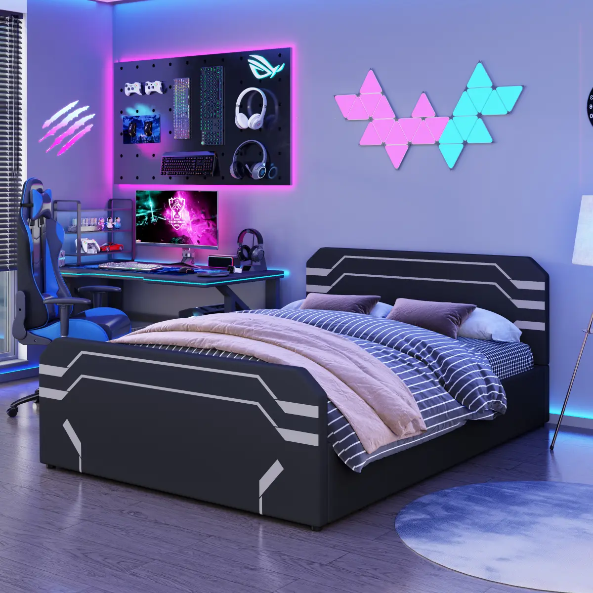 Bellemave Queen Size Upholstered Gaming Bed with Side-Lift Hydraulic Storage System, Cyberpunk Style Platform Bed with Futuristic Pattern for Gamers