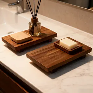 2-piece retro style wooden bathroom tray - wooden base bracket, Bathroom accessories organizer, large, farmhouse style decorative countertop storage rack, suitable for bathroom and kitchen sinks, kitchen decorative