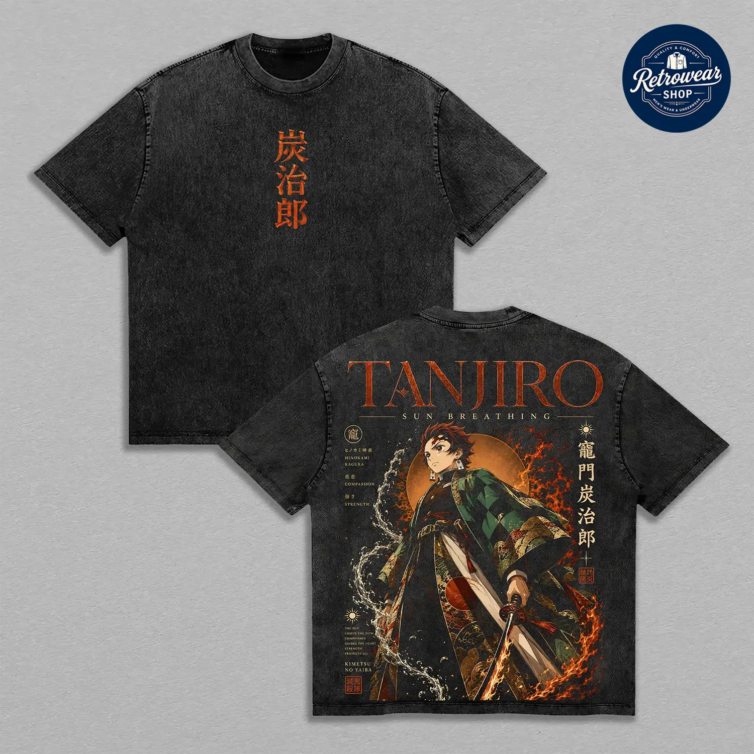 Mens Tanjiro Kamado Demon Slayer Sun Breathing Vintage Washed Casual Short-Sleeve Round Neck Tops, Hinokami Kagura Flame Water Legacy Graphic Menswear T-Shirt with Large Back Print Streetwear, Shortsleeve