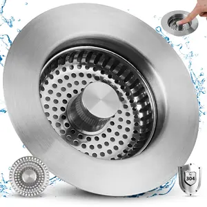 Kitchen Sink Strainer Stopper Combo All Metal Stainless 3-in-1 Pop Up Sink Drain Strainer with Handle Rod for US Standard 3-1/2 inch Drain Filter, Anti-Clog