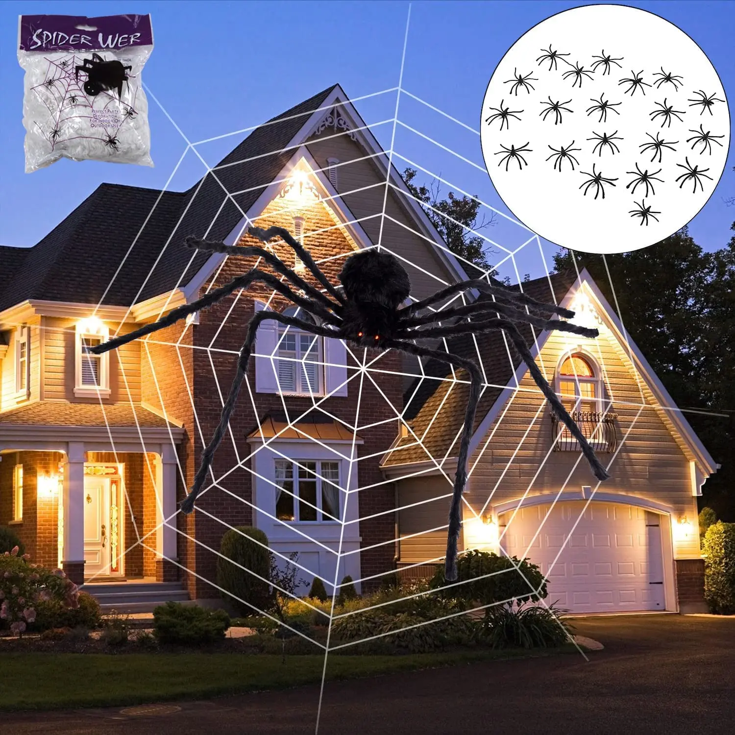 Garvee 50" Giant Voice Control Realistic Hairy Spiders Halloween Decoration Set with 12Ft Web, Cotton Spiders, and 20 Small Scary Spiders for Indoor and Outdoor Use
