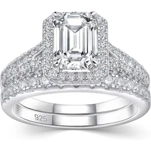 S925 Sterling Silver 2CT Emerald Cut Halo Moissanite Bridal Set, Elegant Engagement & Wedding queen Ring Set engagementrings Hypoallergenic gift