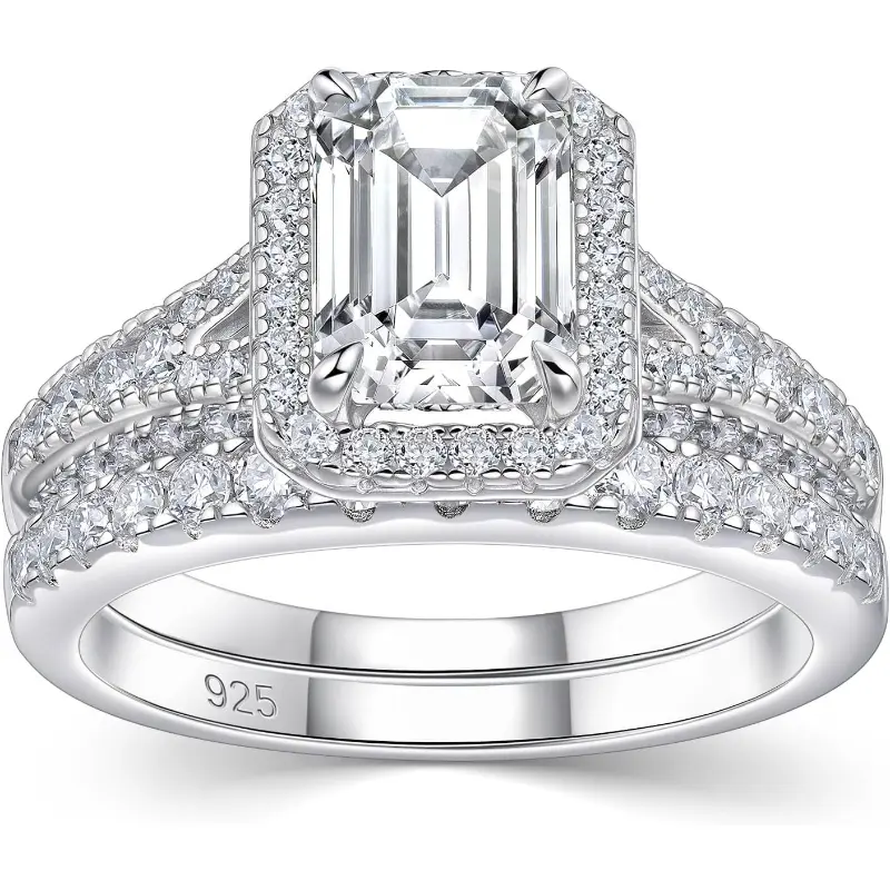 S925 Sterling Silver 2CT Emerald Cut Halo Moissanite Bridal Set, Elegant Engagement & Wedding queen Ring Set engagementrings Hypoallergenic gift