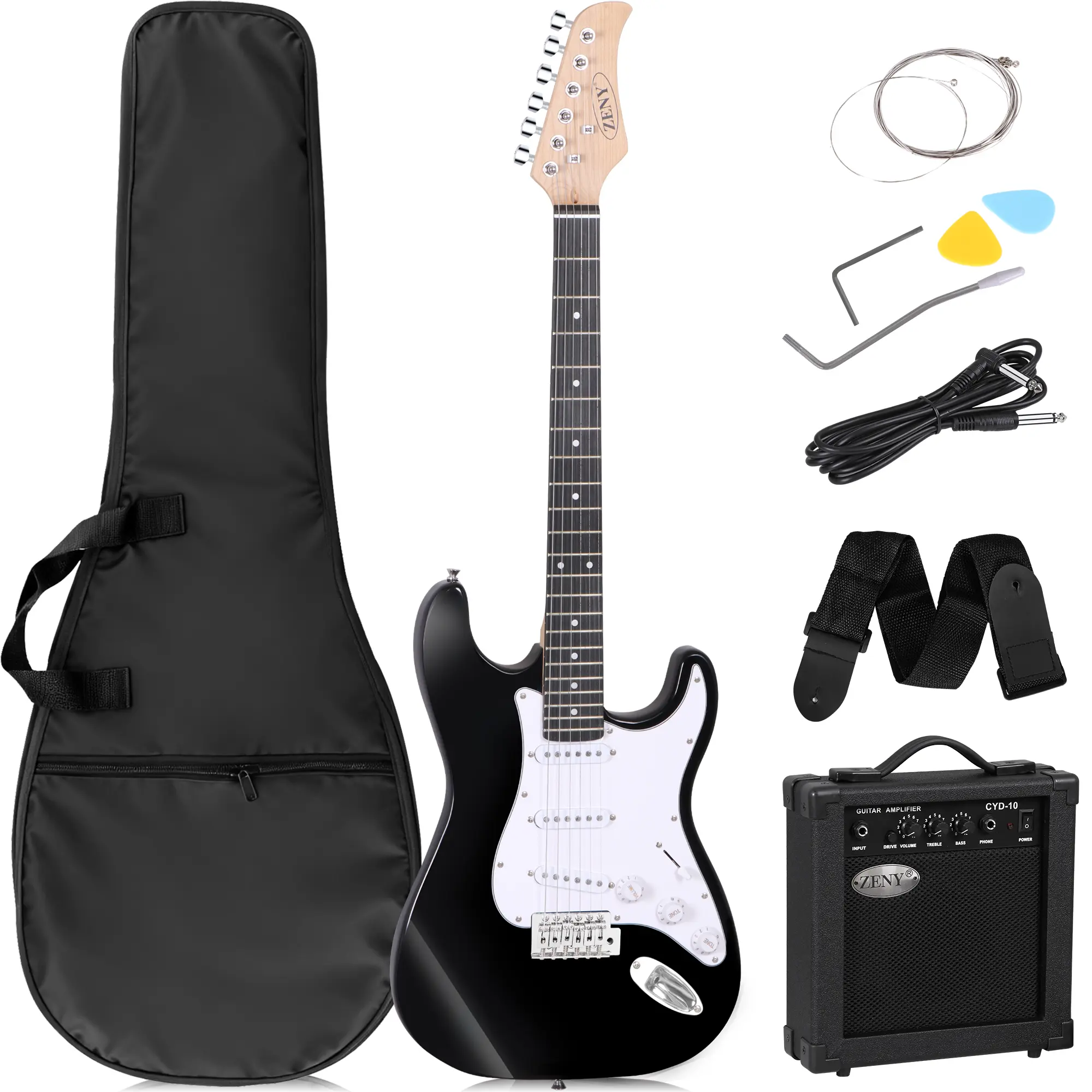 Zeny 39-inch Full Size Right-Handed Black Electric Guitar for Beginners with Amplifier, Guitar Strap & Accessories Pack, Guitar Picks, Portable Guitar Amp