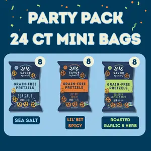 Mini Bag Party Pack 24-Pack: Grain-Free Pretzels 3-Pack - Sea Salt, Lil' Bit Spicy, Roasted Garlic & Herb, Gluten Free, Top 9 Allergen Free, Lunchbox Snack, Birthday Party, Crispy Savory Crunchy