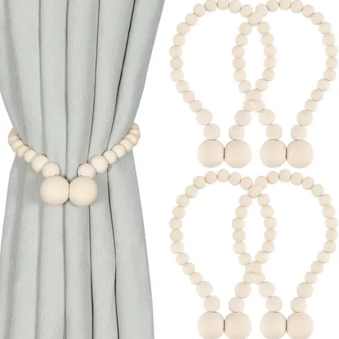 Magnetic Curtain Tiebacks, Curtain Tie Backs for Curtains 4 Pack, Wood Bead Curtain Tiebacks, Curtain Holders for Boho Bedroom Decor, Baby Nursery Decor, Farmhouse Decor