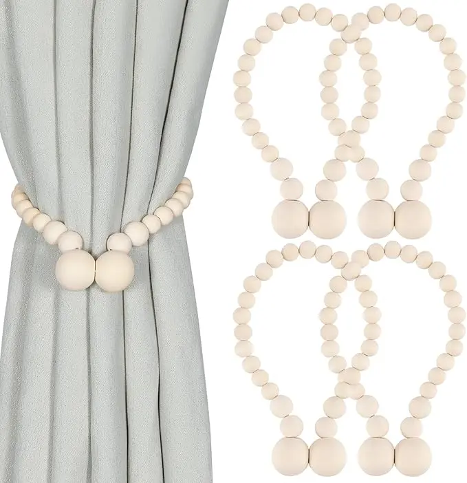 Magnetic Curtain Tiebacks, Curtain Tie Backs for Curtains 4 Pack, Wood Bead Curtain Tiebacks, Curtain Holders for Boho Bedroom Decor, Baby Nursery Decor, Farmhouse Decor