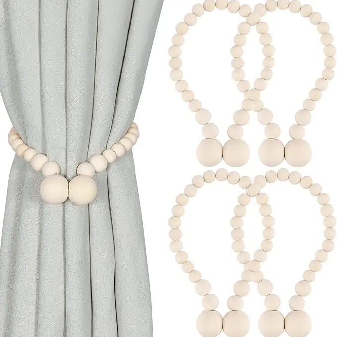 Magnetic Curtain Tiebacks, Curtain Tie Backs for Curtains 4 Pack, Wood Bead Curtain Tiebacks, Curtain Holders for Boho Bedroom Decor, Baby Nursery Decor, Farmhouse Decor