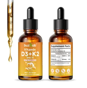 Buzzlab Extra Strength Vitamin D3 + K2 Liquid Drops - 5000 IU D3 & 50mcg K2 (MK-7) with MCT Oil - Fast Absorption Supplement for Bone Health, Immune Support & Energy - Non-GMO, 2 Fl Oz