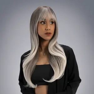 23-Inch Ash Platinum Blonde Ombre (Brown Roots) Wavy Synthetic Wig | 【Heat Resistant】【Cap Included】 | FSGB