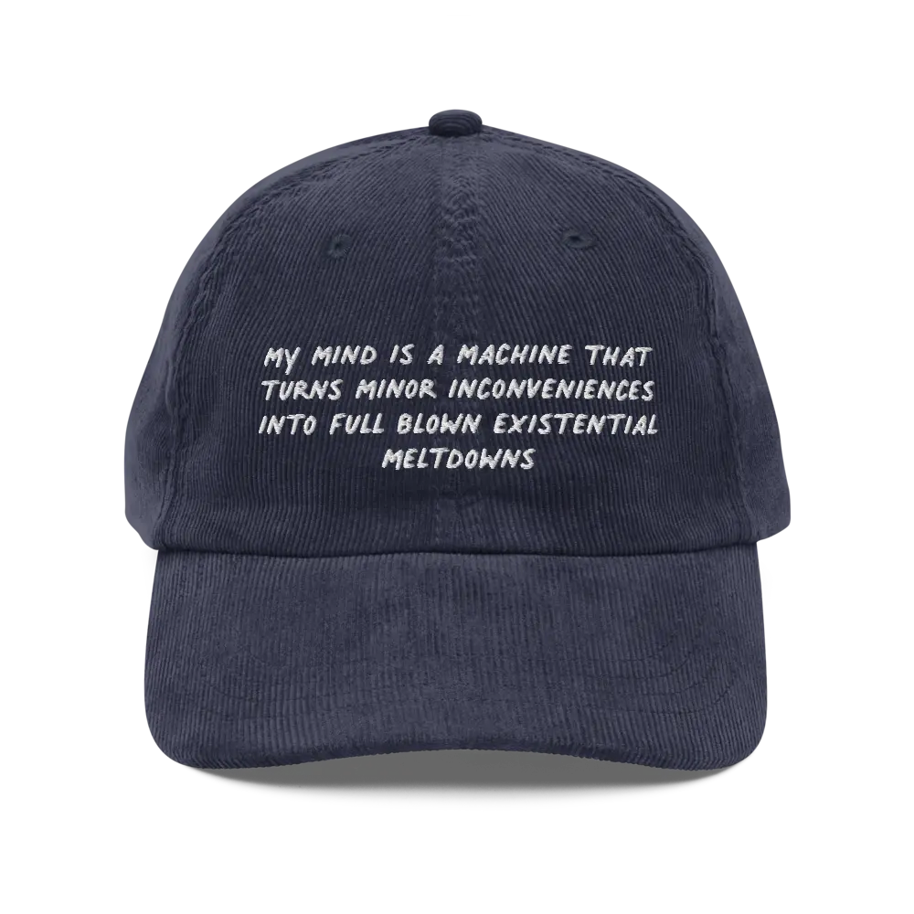 My Mind Is A Machine That Turns Minor Inconveniences Into Full Blown Existential Meltdowns Funny Corduroy Hat | Mental Health Anxiety Cap