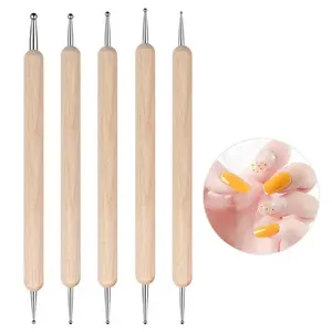 Nail Point Drill Pen Wooden Pen Bar Stirring Nail Polish Draw Five Petals Flower Polka Dot Double Head Stainless Bar Pen