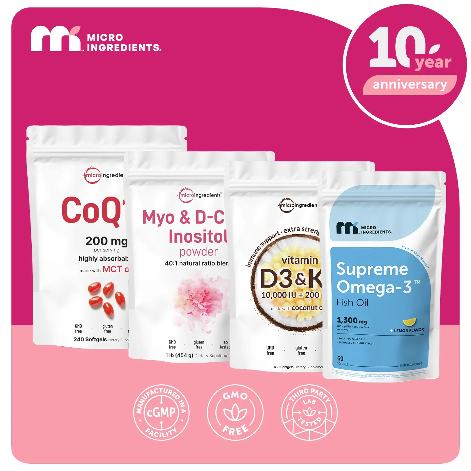 Perimenopause Bundle: Supreme Omega-3 Fish Oil 60 Softgels & CoQ10 200mg 240 Softgels & Vitamin D3K2 10000 IU 180 Softgels & Myo D-Chiro Inositol Powder 1LB