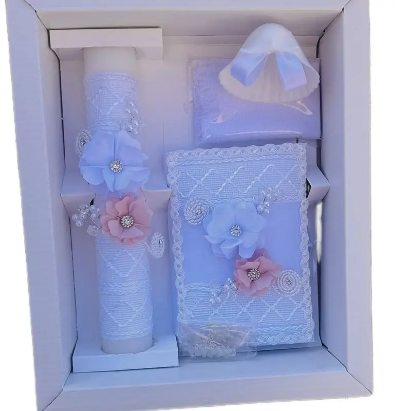 Traditional White Baptism Candle Gift Set - 8in Candle, Rosary, New Testament, Decorative Elements in Themed Gift Box, Religious Party Favors for Baptism Ceremony (English & Spanish, Boys & Girls)