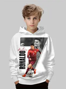 Boys' Fall Winter Ronaldo Football Graphic Print Hoodie, Athletic, Comfortable Fitted Casual Sweatshirt, Perfect Outdoor Choice, Moderate Fabric, Random Print