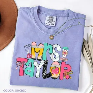 CUSTOM Comfort Colors Mrs Taylor Teacher Shirt, Cute Preppy Coquette Tee, Personalized Teacher Name T-Shirt, Back To School Gift, Trendy Classroom Outfit Cotton Fabric, Gift For Her
