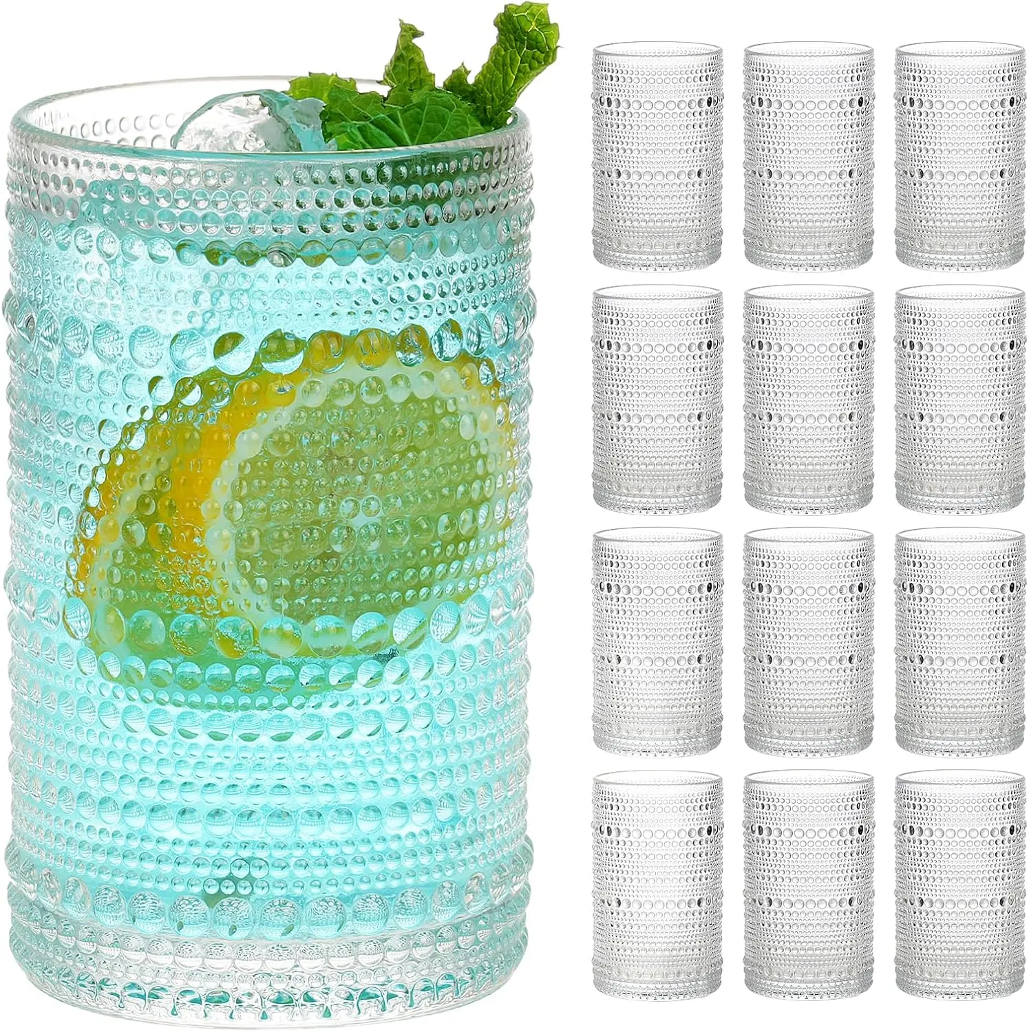 Drinking Glasses Set of 12,12 Oz Hobnail Highball Glasses Clear Embossed Boho Water Glass Cups Kitchen Bar Tumbler Glassware Set for Whiskey, Beer, Juice, Milk and Various Mixed Drinks