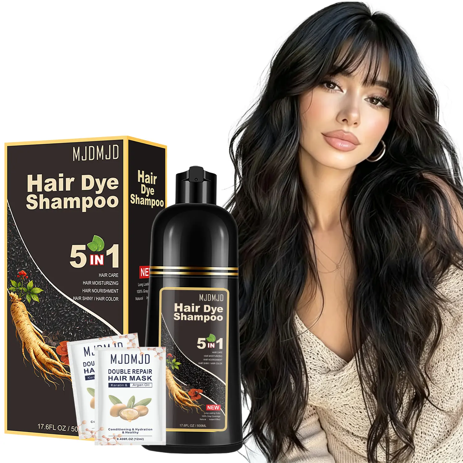Black Hair Dye Shampoo for Gray Hair, 5-in-1 Herbal Hair Color Shampoo with Ginseng, Long-Lasting Semi-Permanent Color for Women & Men, Ammonia & Paraben Free, Champú Para Canas, Tinte Para Cabello, 500ml / 17.6 Fl Oz