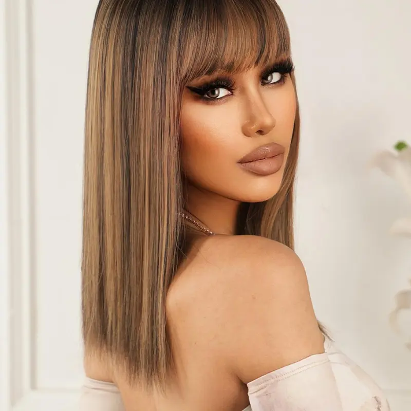 Women's 18 Inch Brown Short Straight Wigs With Bangs, Synthetic Wigs For Party, Daily Use, Synthetic Material Wig
