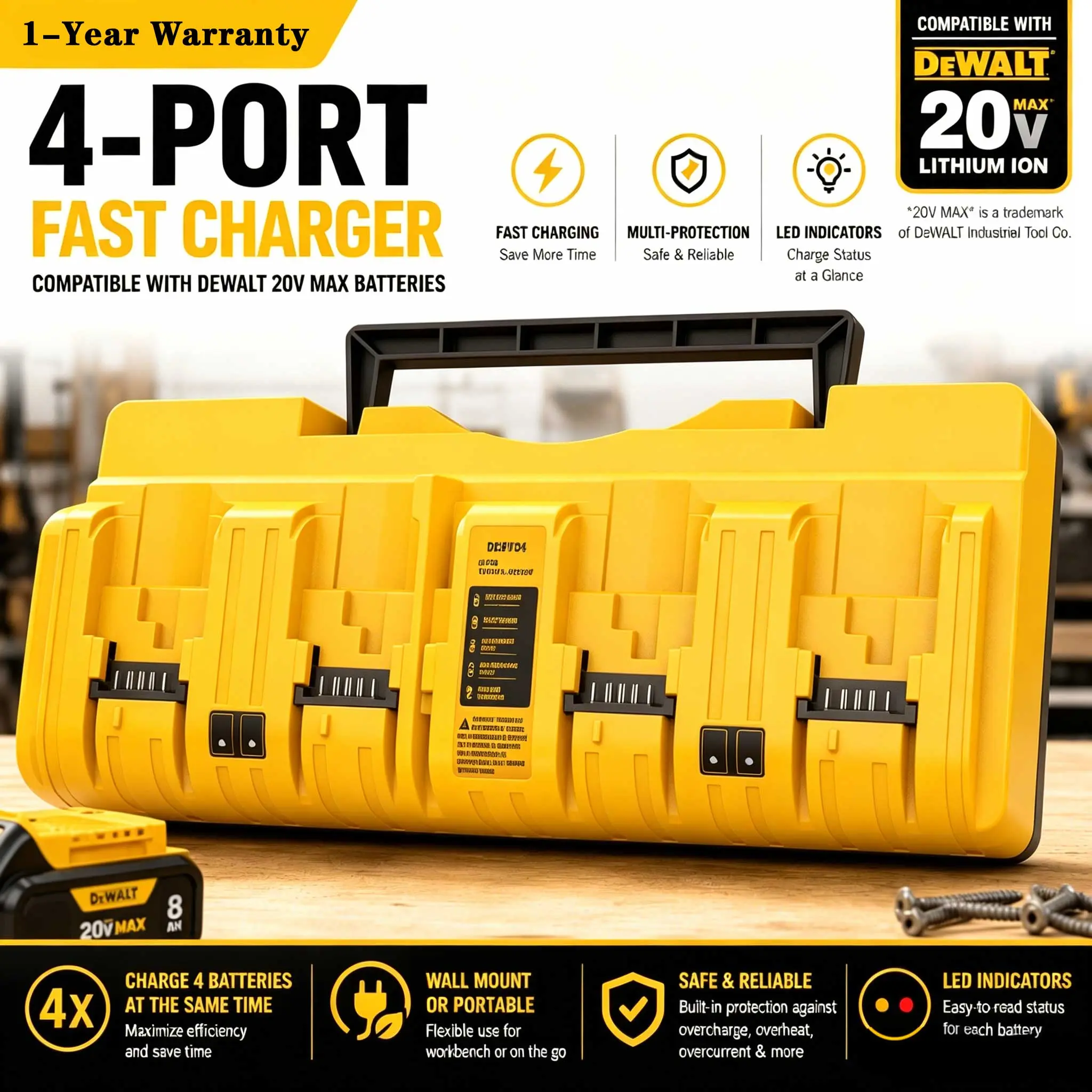 Portable 4-Bay Battery Charger Compatible with DEWALT 10.8V–20V Li-Ion Batteries, Wall-Mount Design