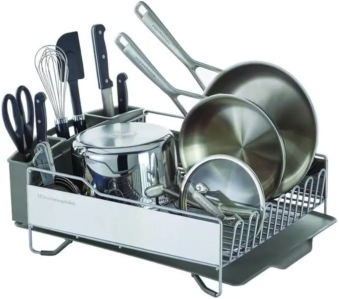 KitchenAid Large Capacity,Full Size, Rust Resistan Dish Rack with Self Draining Angled Drain Board and Removable Flatware Caddy, Light Grey, Gray