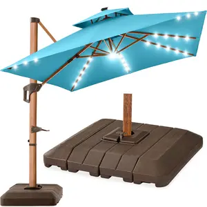 Best Choice Products 10ft Square Woodgrain Pattern 2-Tier Outdoor Solar LED Cantilever Umbrella w/ Base