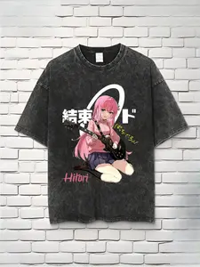 Vintage Washed Bocchi Anime T-Shirt | Oversized Unisex T-Shirt Gotoh Hitori Band Musical Shirt Summer casual top with cartoon pattern crew neck