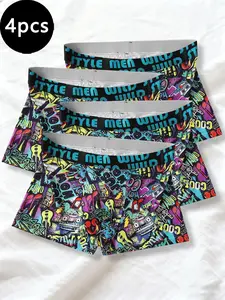 Men's Fashion Breathable Comfort Four-Piece Set, Slim Fit Contrast Binding Design, Casual All-Season Wear, Street Style Graffiti Print