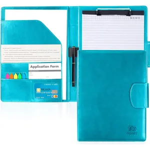 A4 Leather Portfolio Folder Binder, Padfolio Clipboard Folder with Magnetic Closure, Comes with Letter Sized Papers Sticky Tabs Pen for Business School Office Conference Notepad (Turquoise)