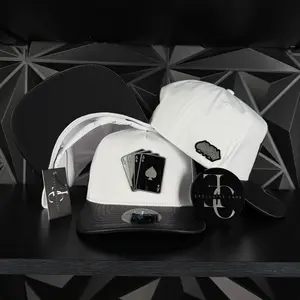 Exclusive caps poker SnapBack hat-white/leather  brim